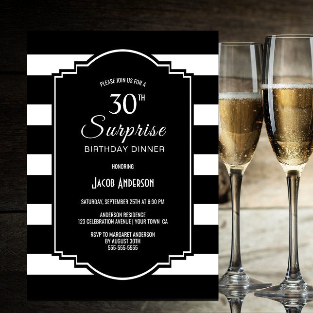 Surprise 30th Birthday Black White Striped Dinner Invitation (Creator Uploaded)