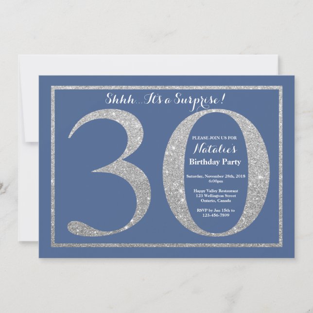 Surprise 30th Birthday Blue and Silver Glitter Invitation (Front)