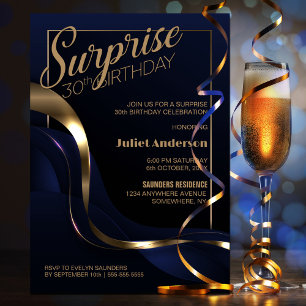 Surprise 30th Birthday Blue Gold Party Invitation