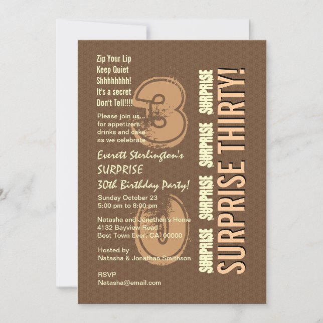 SURPRISE 30th Birthday Brown Tan Ivory V8 Invitation (Front)