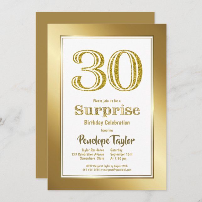 Surprise 30th Birthday Gold Party Invitation (Front/Back)