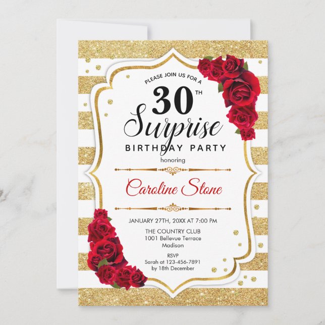 Surprise 30th Birthday - Gold White Red Invitation (Front)