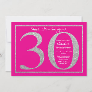 Surprise 30th Birthday Hot Pink and Silver Glitter Invitation