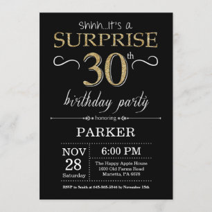 Surprise 30th Birthday Invitation Black and Gold