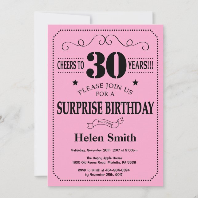 Surprise 30th Birthday Invitation Black and Pink (Front)