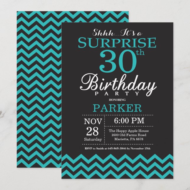 Surprise 30th Birthday Invitation Black and Teal (Front/Back)