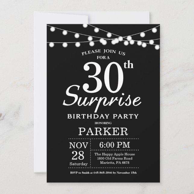 Surprise 30th Birthday Invitation Black and White (Front)