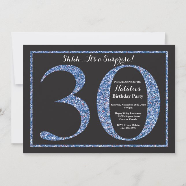 Surprise 30th Birthday Invitation Blue Glitter (Front)
