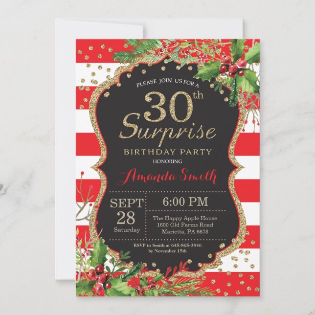 Surprise 30th Birthday Invitation Christmas Gold (Front)