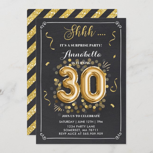 Surprise 30th Birthday Invitation Gold Chalkboard (Front/Back)