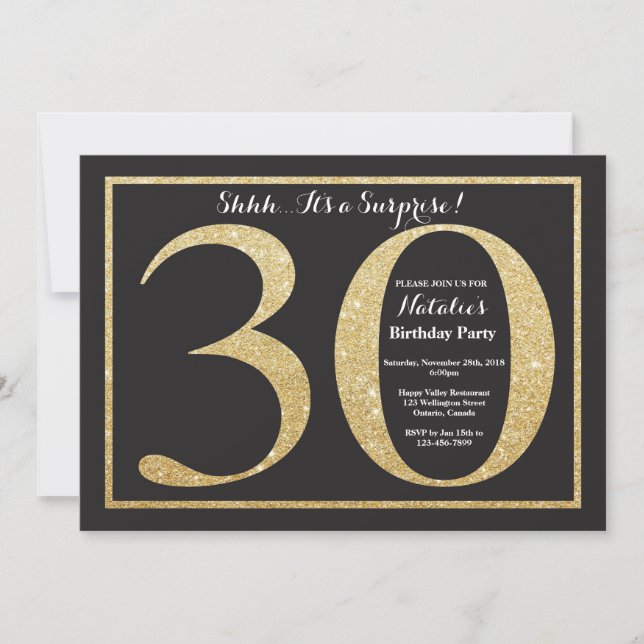 Surprise 30th Birthday Invitation Gold Glitter (Front)