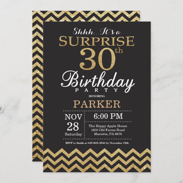 Surprise 30th Birthday Invitation Gold Glitter (Front/Back)