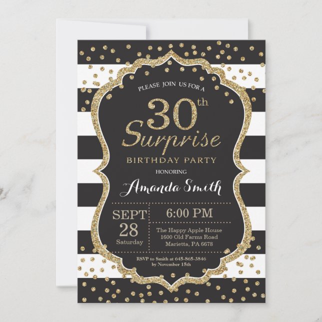 Surprise 30th Birthday Invitation. Gold Glitter Invitation (Front)