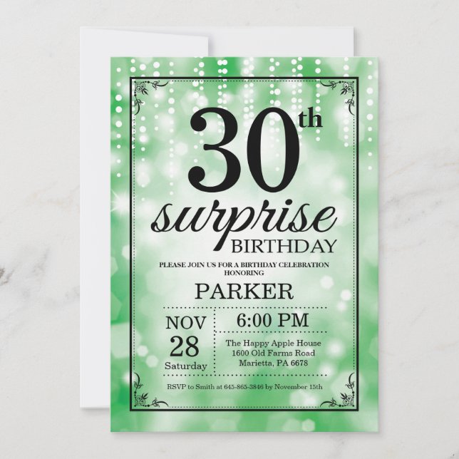 Surprise 30th Birthday Invitation Green Glitter (Front)