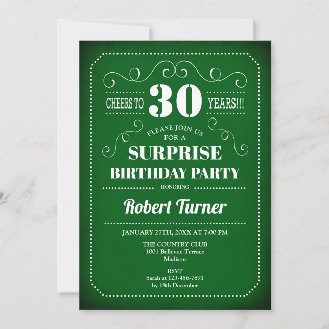 Surprise 30th Birthday Invitation - Green White (Front)