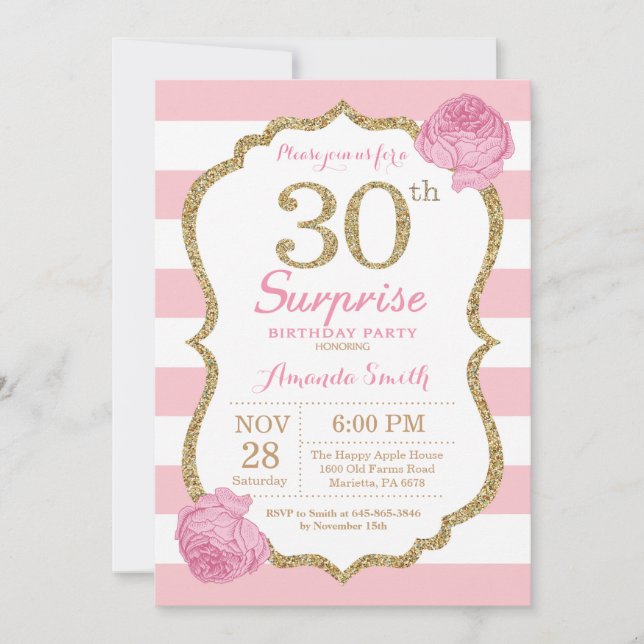 Surprise 30th Birthday Invitation Pink and Gold (Front)