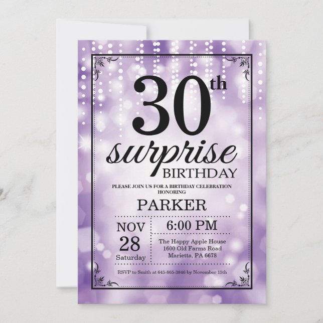 Surprise 30th Birthday Invitation Purple Glitter (Front)
