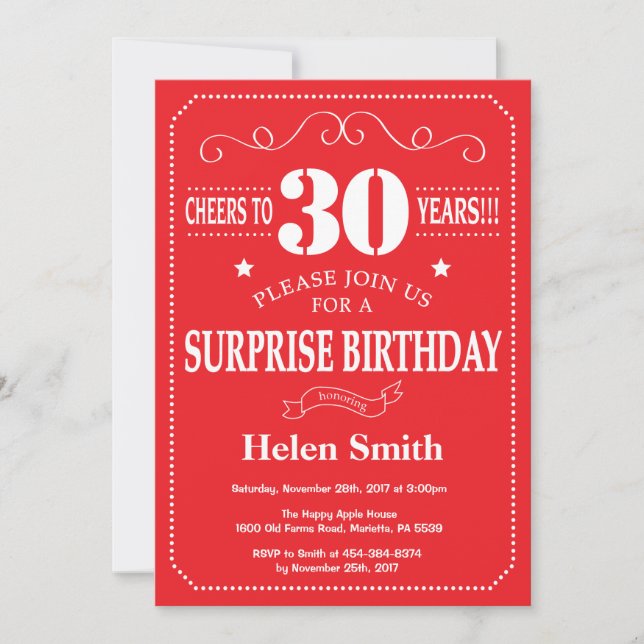Surprise 30th Birthday Invitation Red and White (Front)