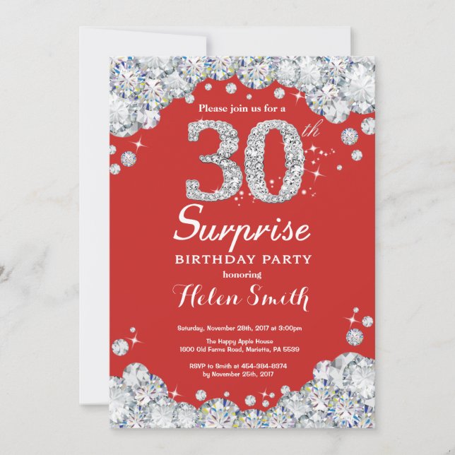 Surprise 30th Birthday Invitation Silver Diamond (Front)