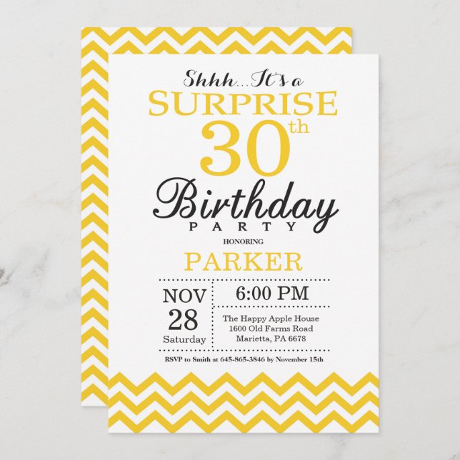 Surprise 30th Birthday Invitation Yellow Chevron (Front/Back)