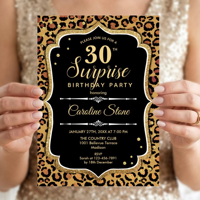 Surprise 30th Birthday - Leopard Black Gold Invitation (Creator Uploaded)