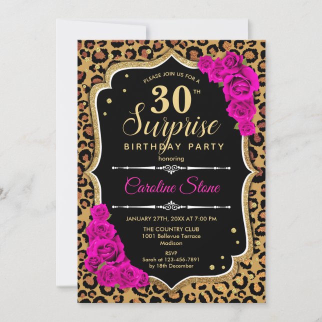 Surprise 30th Birthday - Leopard Black Gold Pink Invitation (Front)