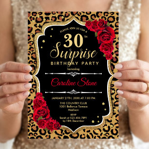 Surprise 30th Birthday - Leopard Black Gold Red Invitation