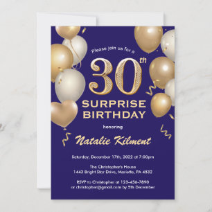 Surprise 30th Birthday Navy Blue and Gold Balloons Invitation