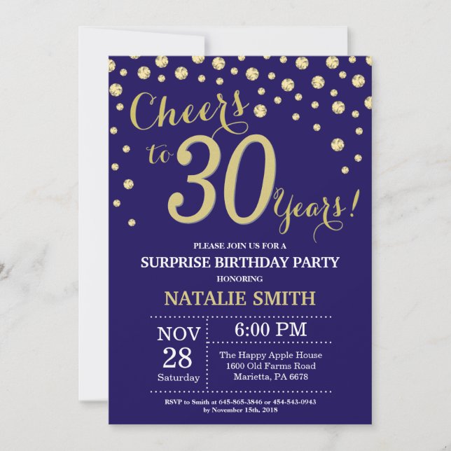 Surprise 30th Birthday Navy Blue and Gold Diamond Invitation (Front)