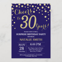 Surprise 30th Birthday Navy Blue and Gold Diamond