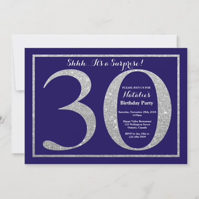 Surprise 30th Birthday Navy Blue Silver Glitter Invitation (Front)