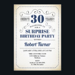 Surprise 30th Birthday - Navy Blue White Black Invitation<br><div class="desc">Surprise 30th Birthday Invitation
Retro design in navy blue white with a vintage creamy background. Cheers to 30 years! Can be also personalised into any year.</div>