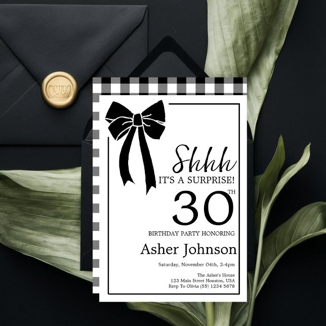 Surprise 30th Birthday Party Black Bow Coquette Invitation (Creator Uploaded)