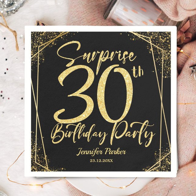 Surprise 30th Birthday Party Black & Gold Glitter Napkin (Creator Uploaded)