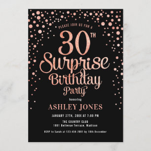 Surprise 30th Birthday Party - Black & Rose Gold Invitation