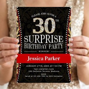 Surprise 30th Birthday Party - Gold Black Red Invitation