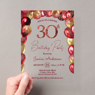Surprise 30th Birthday Party Gold Burgundy Glitter Acrylic Invitations