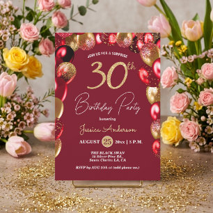 Surprise 30th Birthday Party Gold Burgundy Glitter Invitation