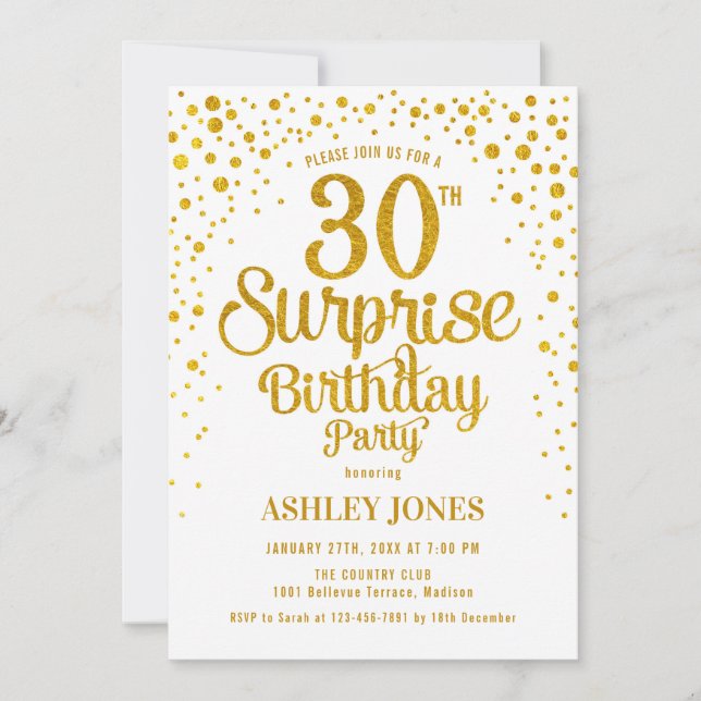 Surprise 30th Birthday Party - Gold & White Invitation (Front)