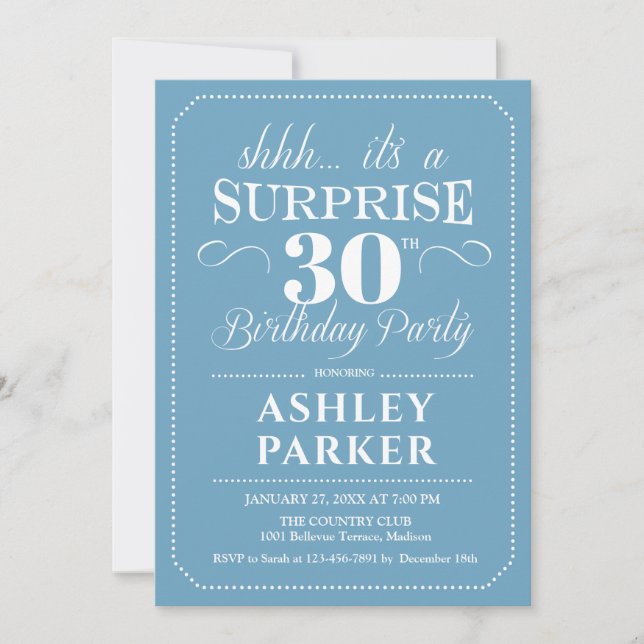 Surprise 30th Birthday Party - Light Blue White Invitation (Front)