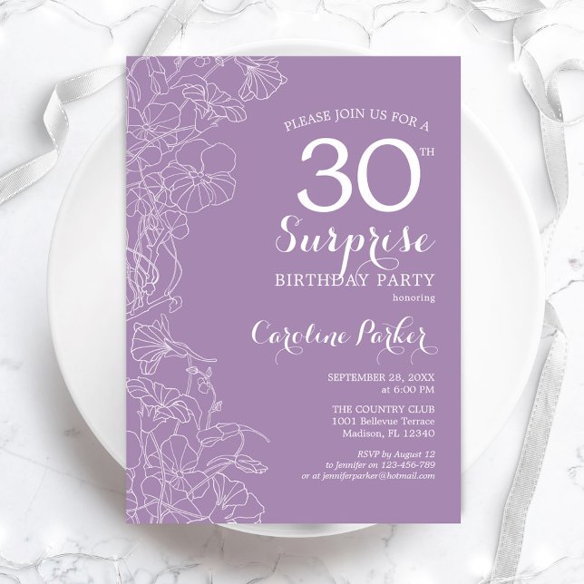Surprise 30th Birthday Party - Purple Floral Invitation (Creator Uploaded)