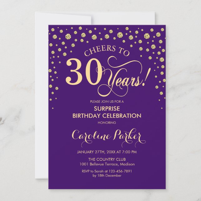 Surprise 30th Birthday Party - Purple Gold Invitation (Front)