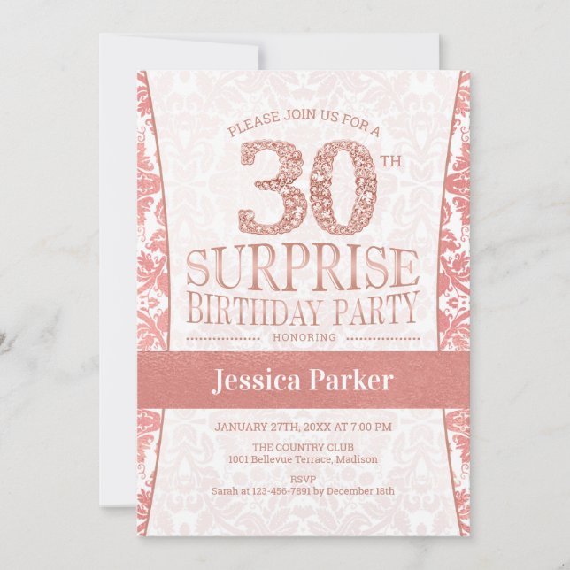 Surprise 30th Birthday Party - Rose Gold White Invitation (Front)