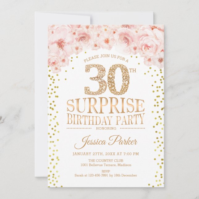Surprise 30th Birthday Party - White Gold Pink Invitation (Front)
