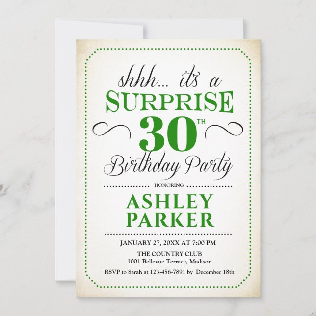 Surprise 30th Birthday Party - White Green Invitation (Front)