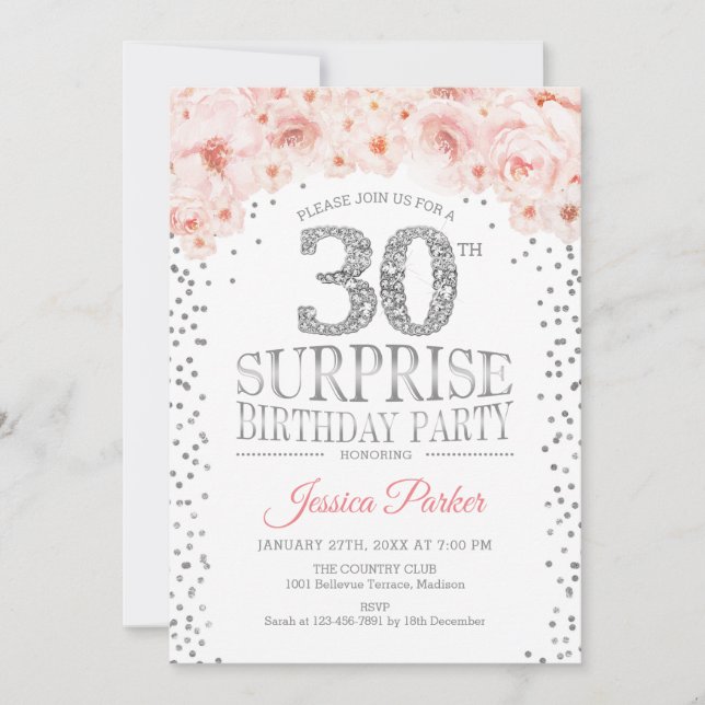 Surprise 30th Birthday Party - White Silver Pink Invitation (Front)