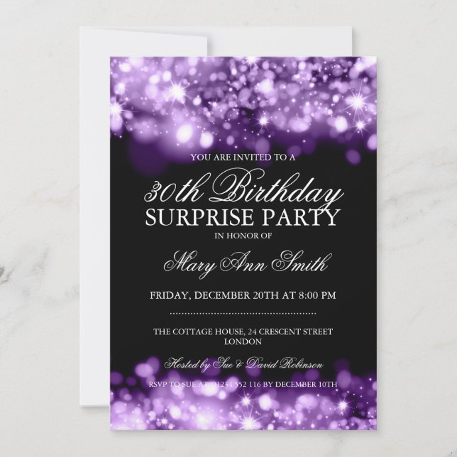 Surprise 30th Birthday Purple Sparkling Lights Invitation (Front)