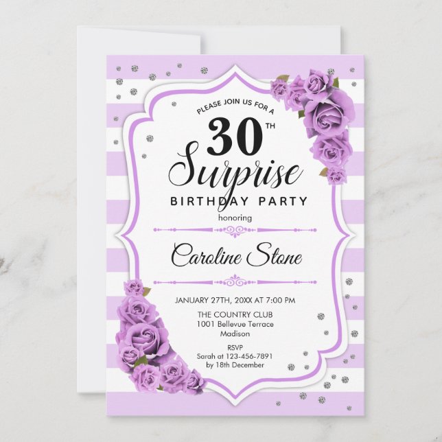 Surprise 30th Birthday - Purple White Invitation (Front)