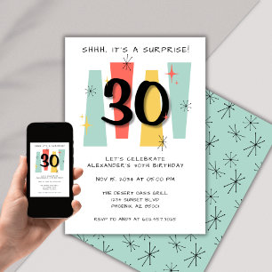 Surprise 30th Birthday Retro Midcentury Modern Invitation