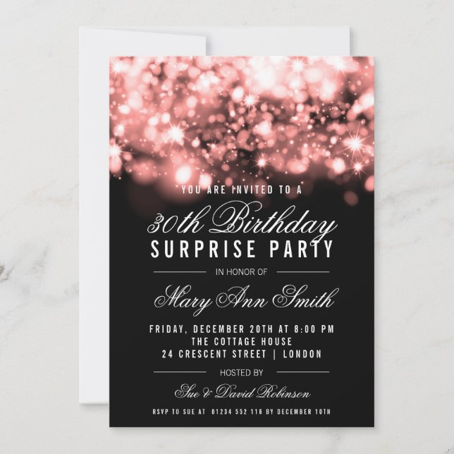Surprise 30th Birthday Rose Gold Sparkling Lights Invitation (Front)